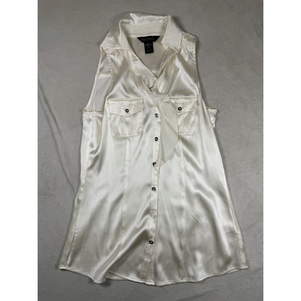 White House Black Market Silk Stretch Blouse Womens 0 Ivory Sleeveless Tie Neck - Picture 2 of 11